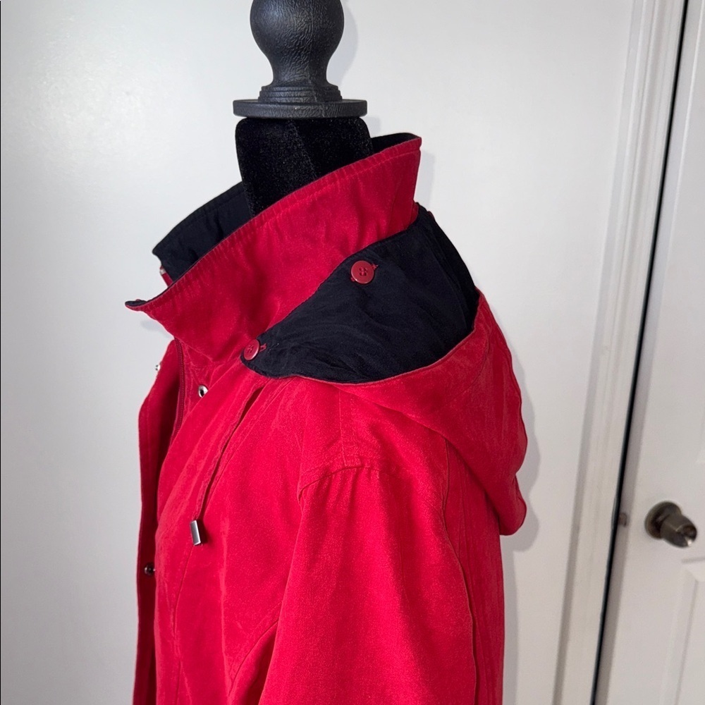 London Fog Long Red Trench Coat | Removable Hood | Women’s L | Lined - Picture 4 of 12